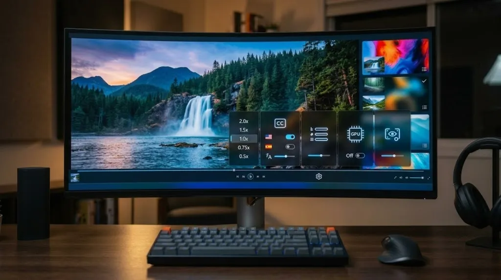 A video player interface showing playback controls and a subtitle track