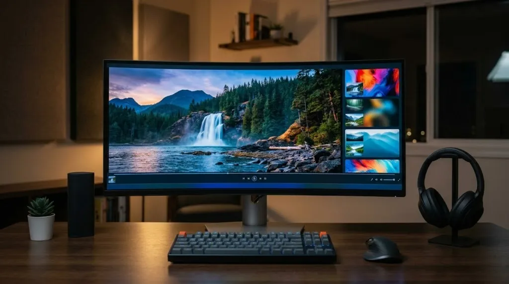 A widescreen display playing a high-definition video in a darkened room
